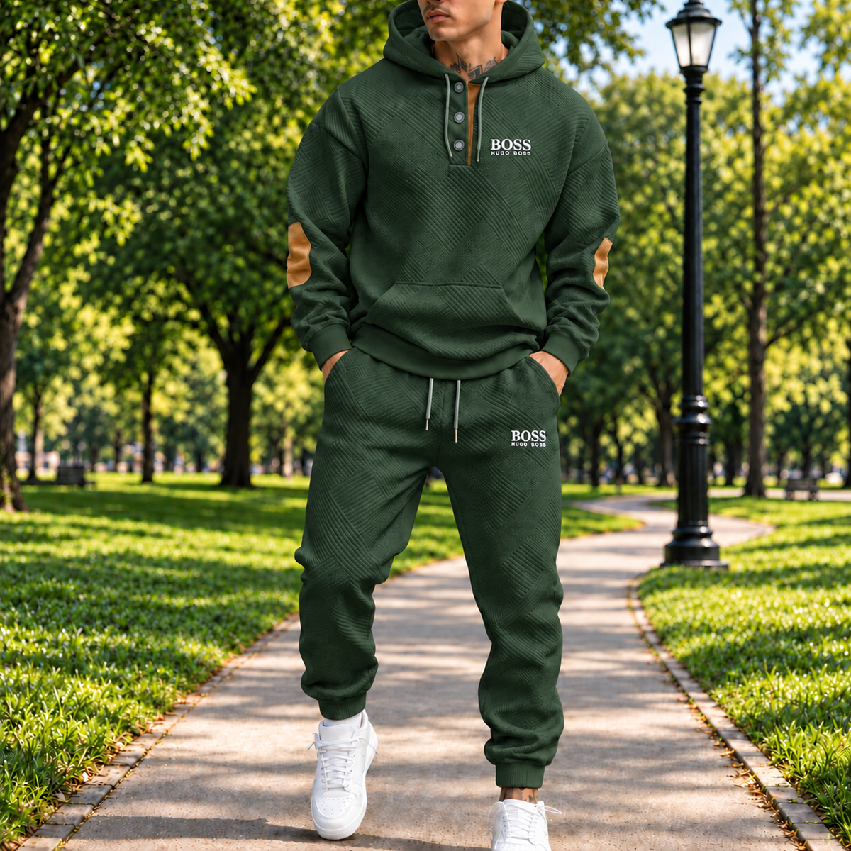 Men's Textured Three-Button Hooded Tracksuit