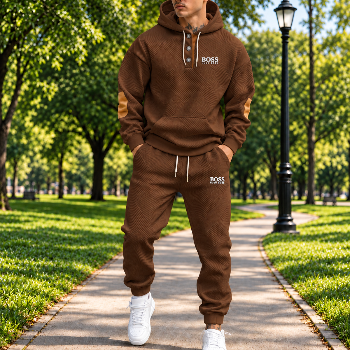 Men's Textured Three-Button Hooded Tracksuit