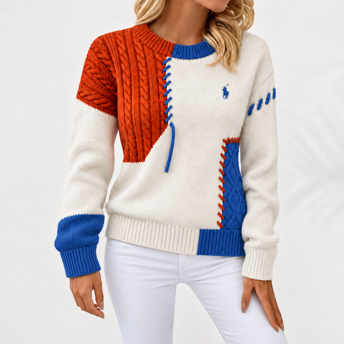 Women's Patchwork Cable-Knit Crewneck Sweater