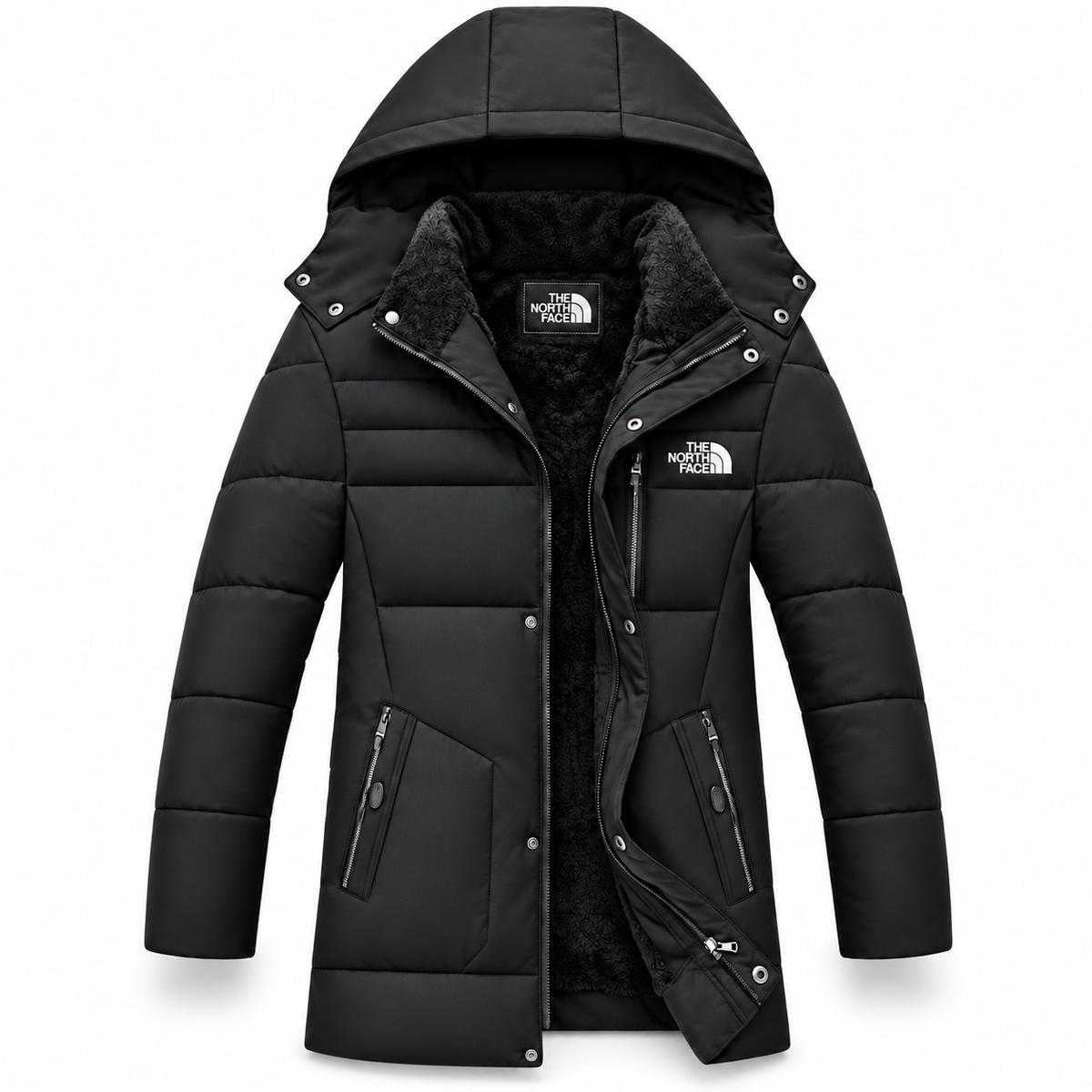 Black hooded fleece-lined padded coat
