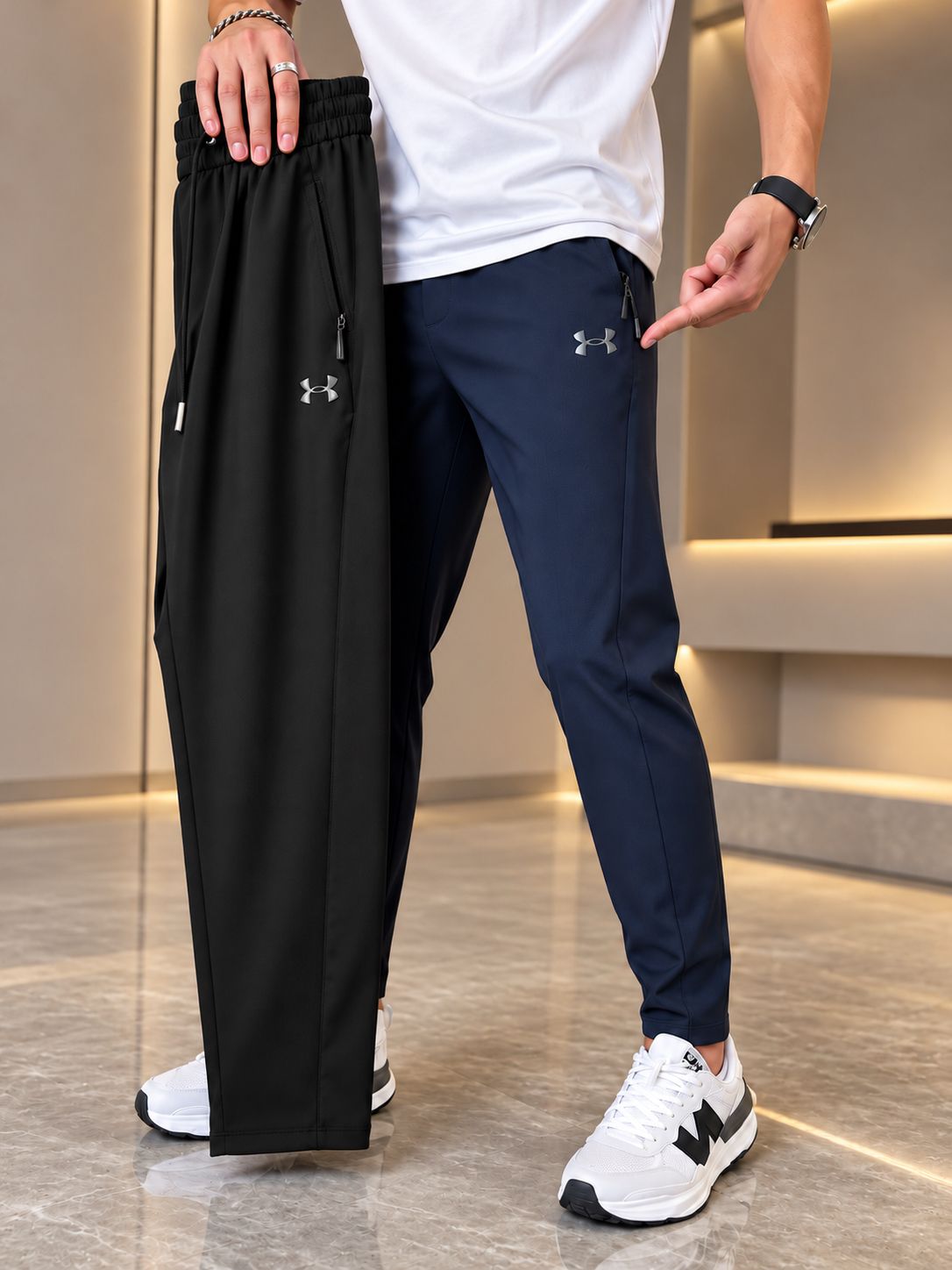 Navy trousers with black colour shown