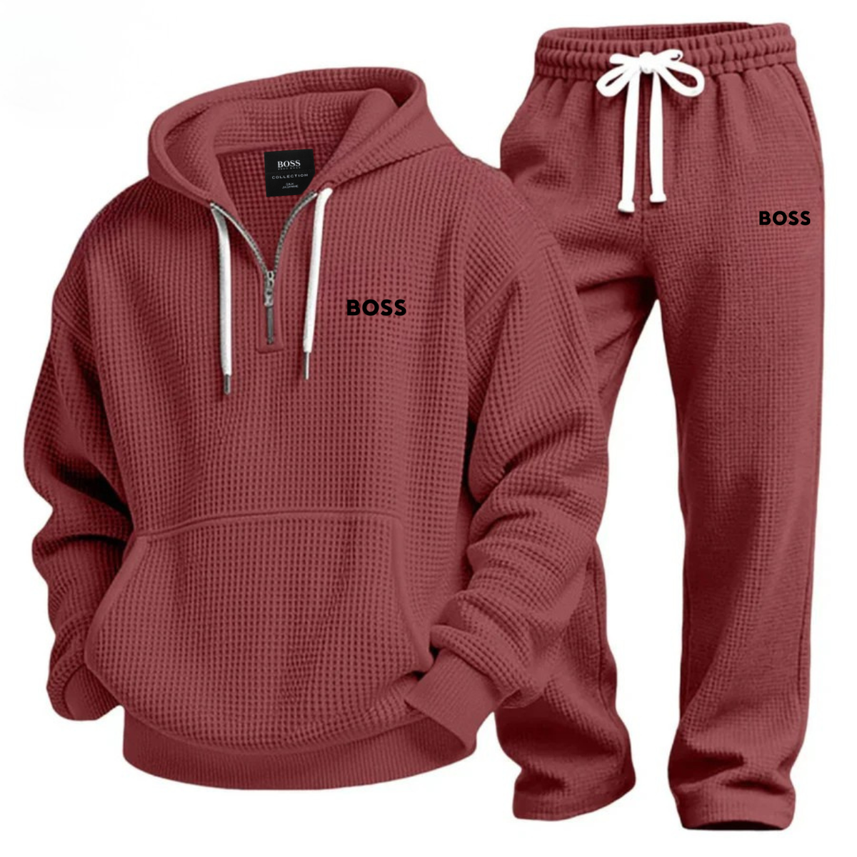 Textured Quarter-Zip Hooded Tracksuit Set