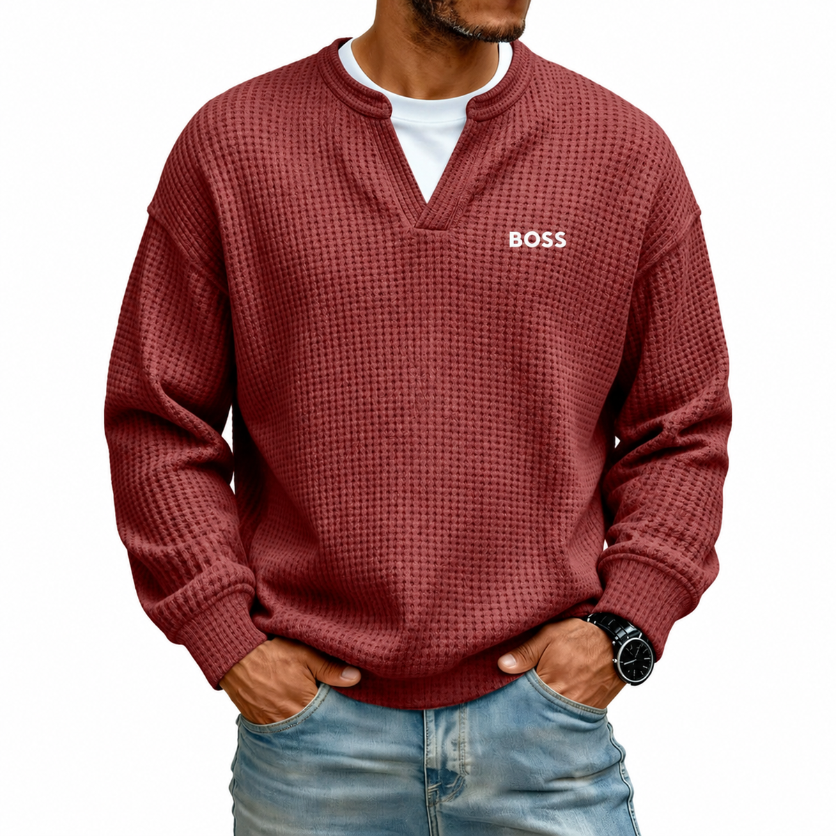 Men's Waffle-Knit Notch-Neck Sweater