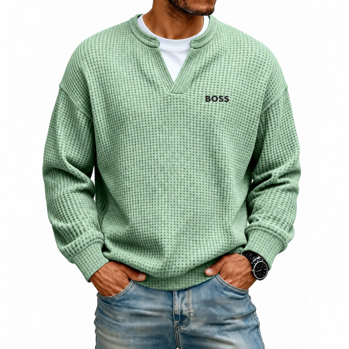 Men's Waffle-Knit Notch-Neck Sweater