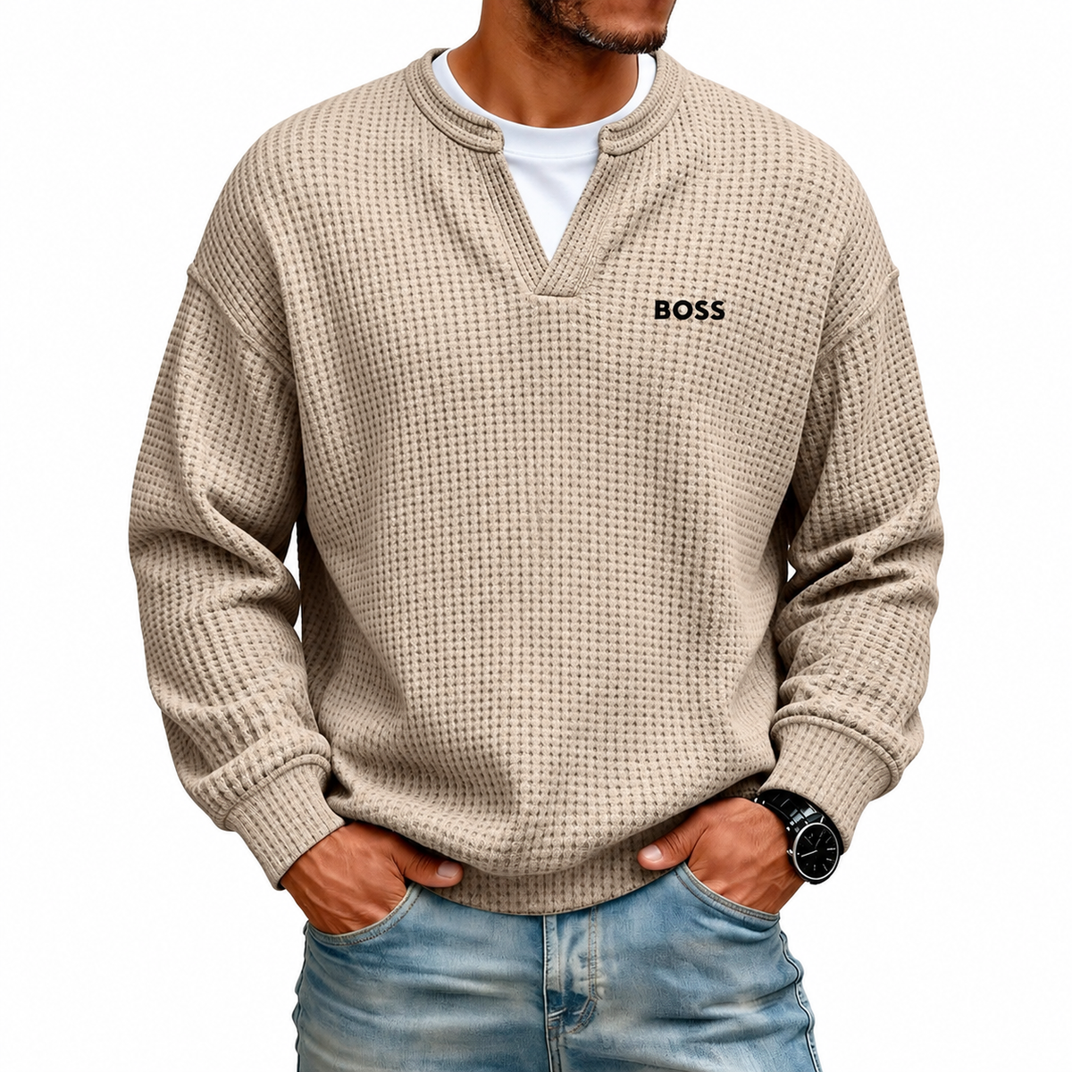 Men's Waffle-Knit Notch-Neck Sweater