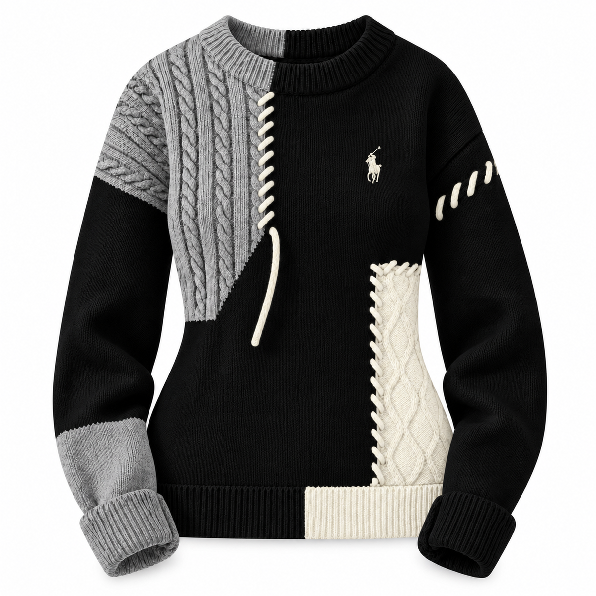 Women's Patchwork Cable-Knit Crewneck Sweater