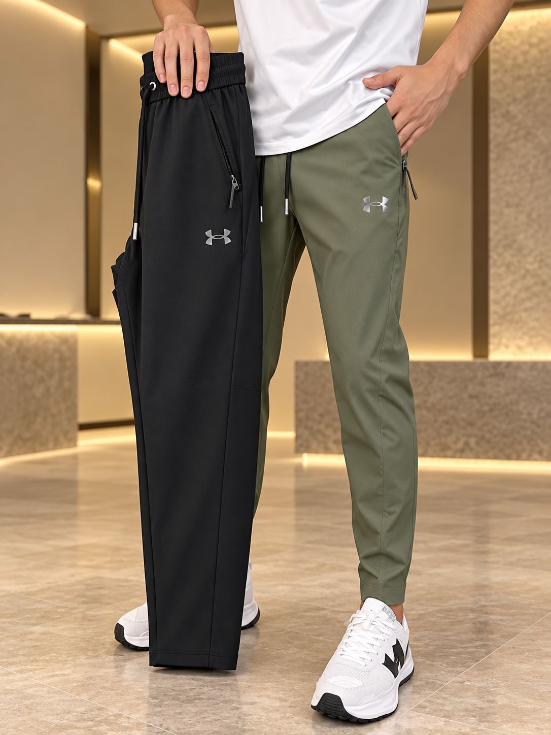Olive trousers with black colour shown